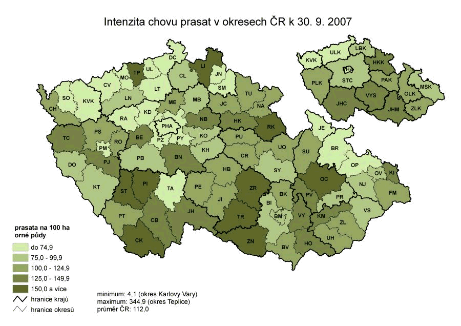 Kartogram 22. Intenzita chovu prasat v okresech ČR k 30. 9. 2007